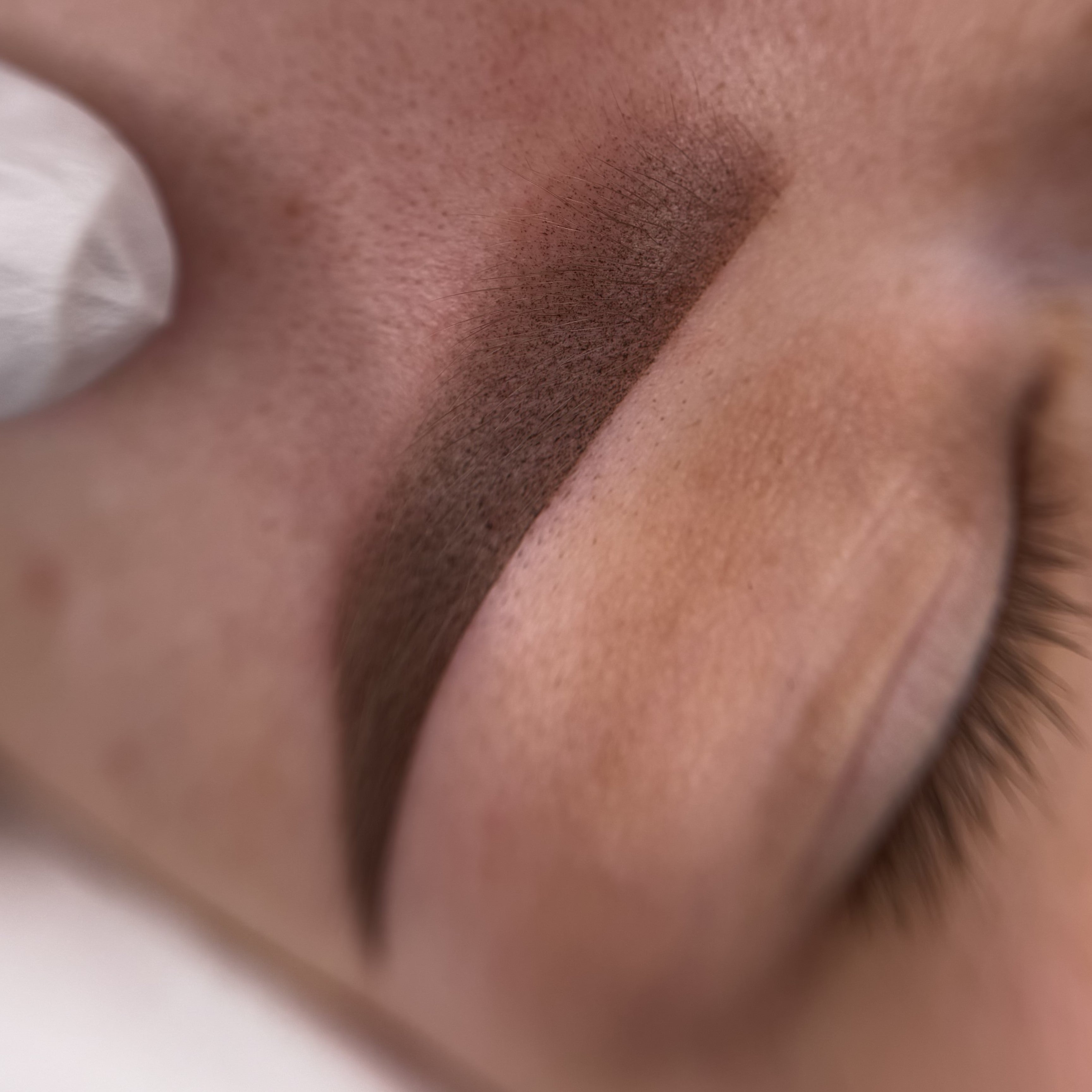 Close-up of a person applying makeup to their eyelid with a brush.