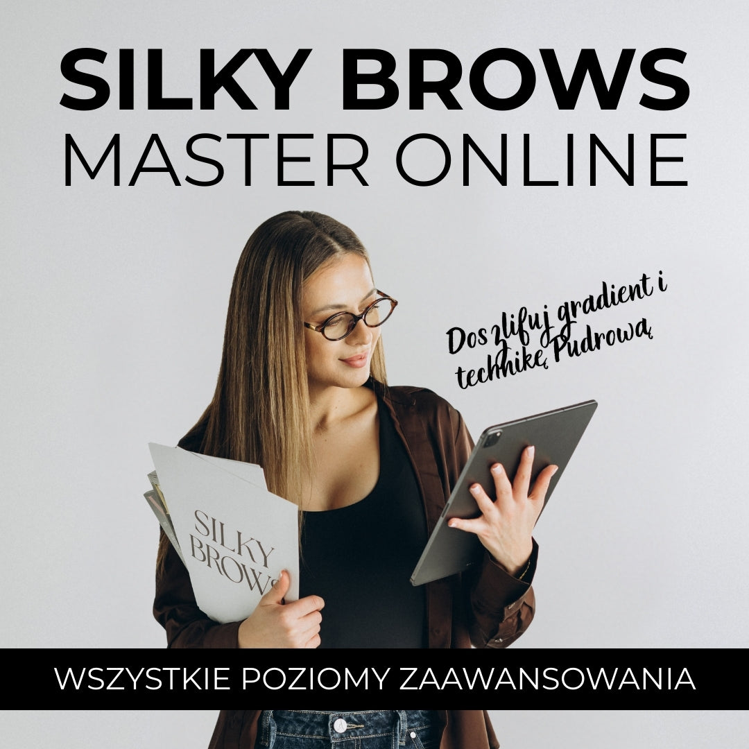 Woman holding a tablet and a 'Silky Brows' folder with promotional text for an online course.