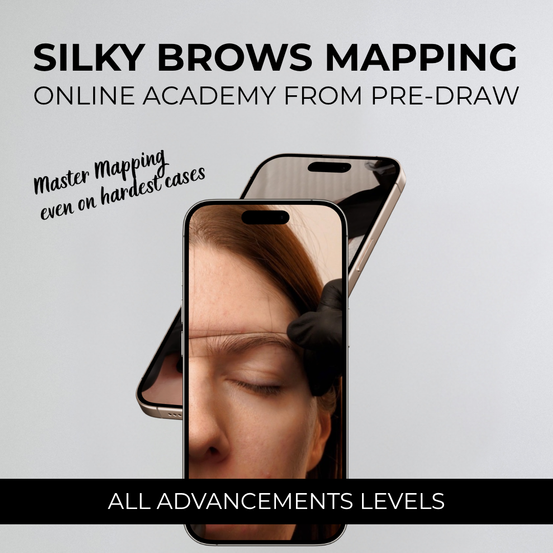 Advertisement for Silky Brows Mapping online academy with smartphone displaying a brow mapping app.